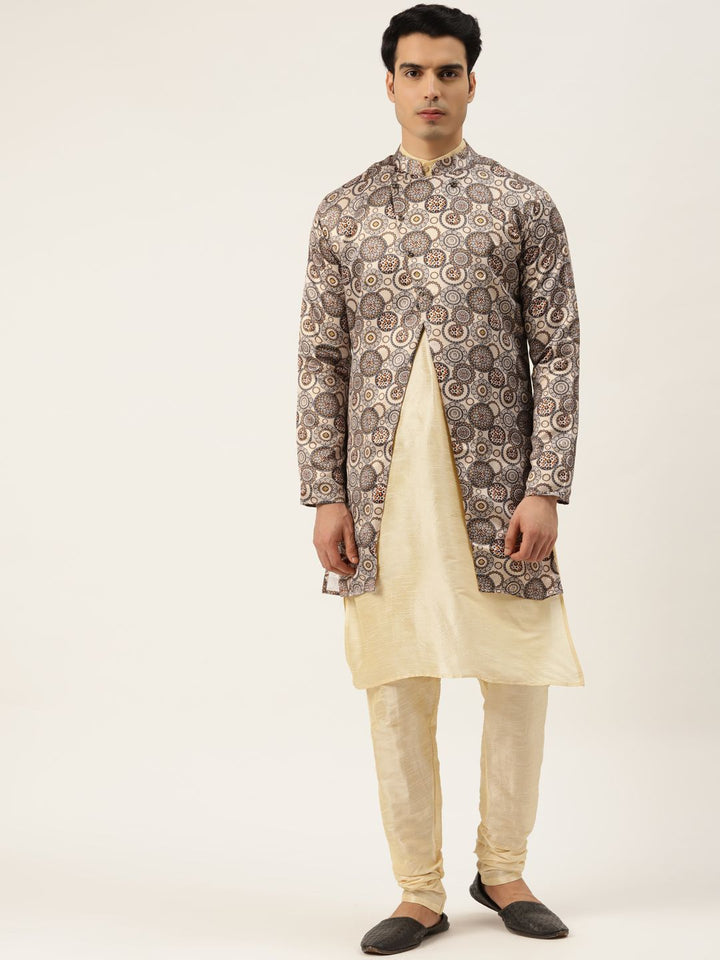 SOJANYA Set Kurta Solid Biru Lelaki Dengan Jaket Bercetak