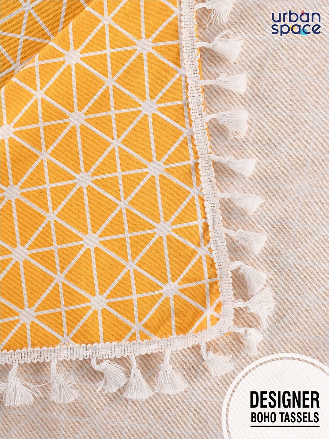 URBAN SPACE Yellow & White 4-Seater Geometric Printed Pure Cotton Square Table Cover