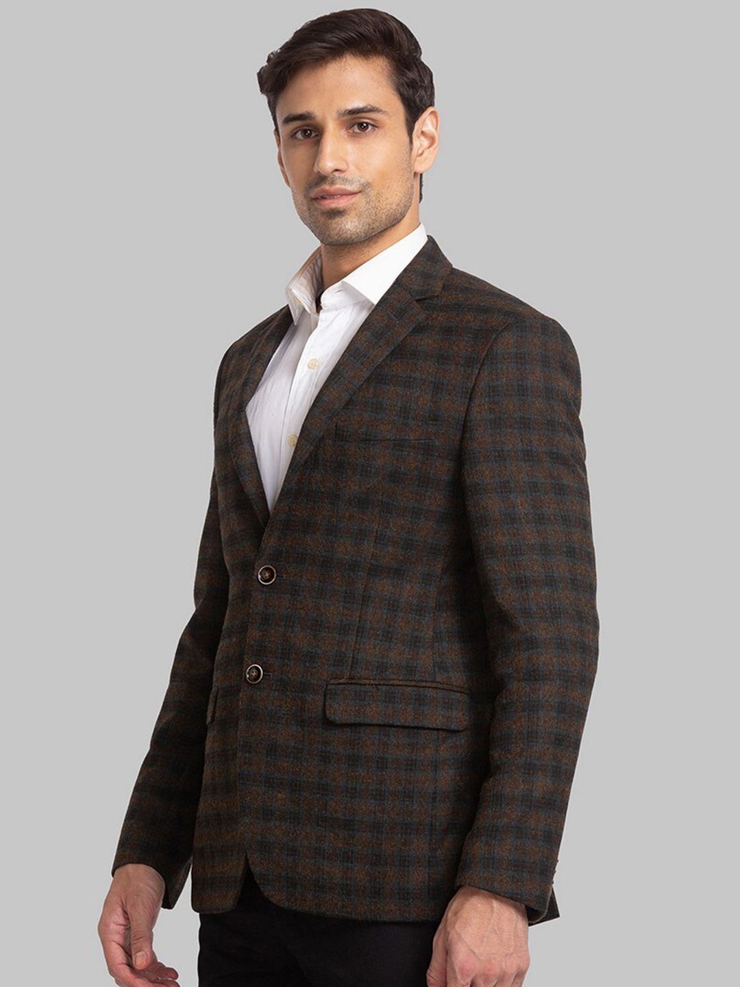 Park Avenue Men Brown Checked Super Slim-Fit Single Breasted Formal Blazers