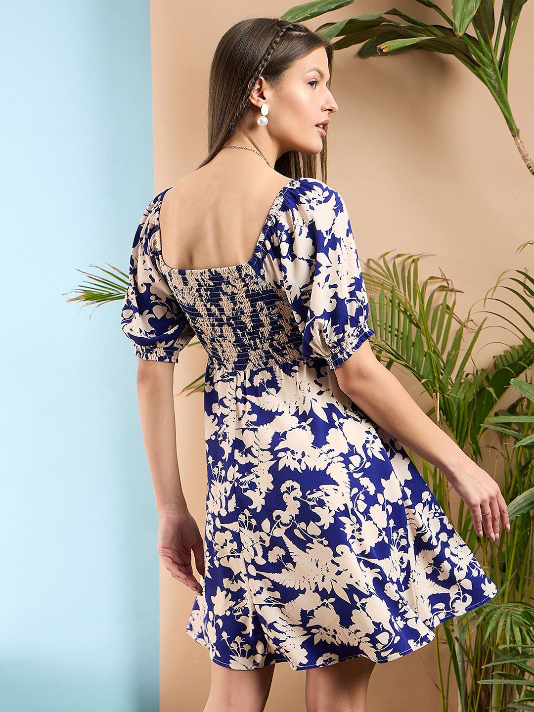 SASSAFRAS Floral Printed Smocked Fit & Flare Dress