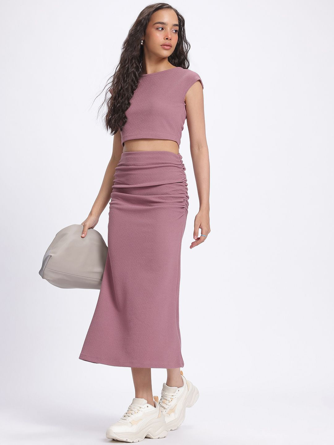 DressBerry Adorable Allure Ruched Detail Textured Crop Co-Ords