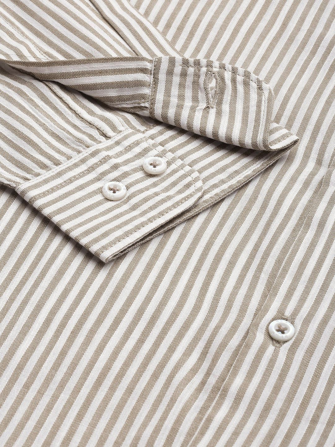 THE BEAR HOUSE Men Beige Slim Fit Pinstripes Striped Pure Cotton Casual Shirt