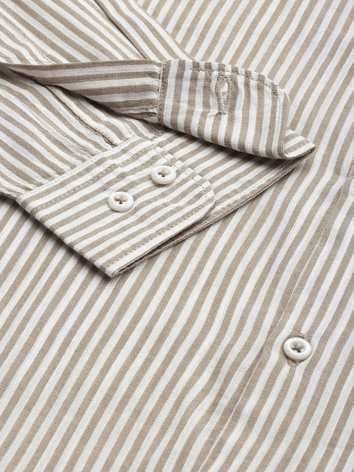 THE BEAR HOUSE Men Beige Slim Fit Pinstripes Striped Pure Cotton Casual Shirt