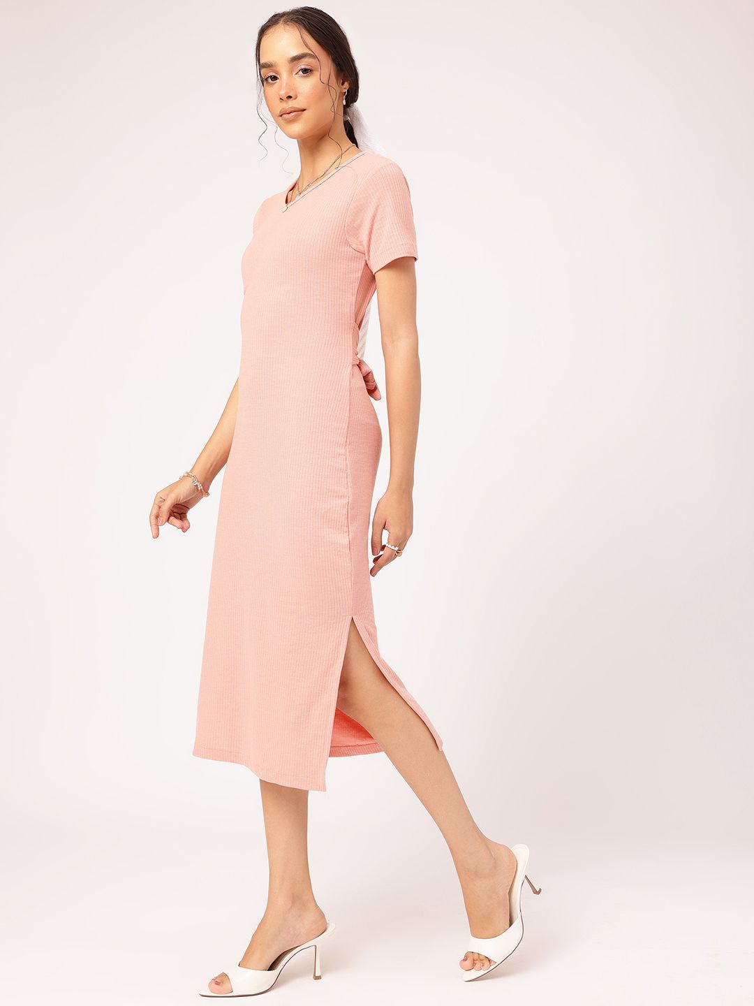 DressBerry Basic Bee Ribbed Tie-Up Waist Midi Dress with Slit