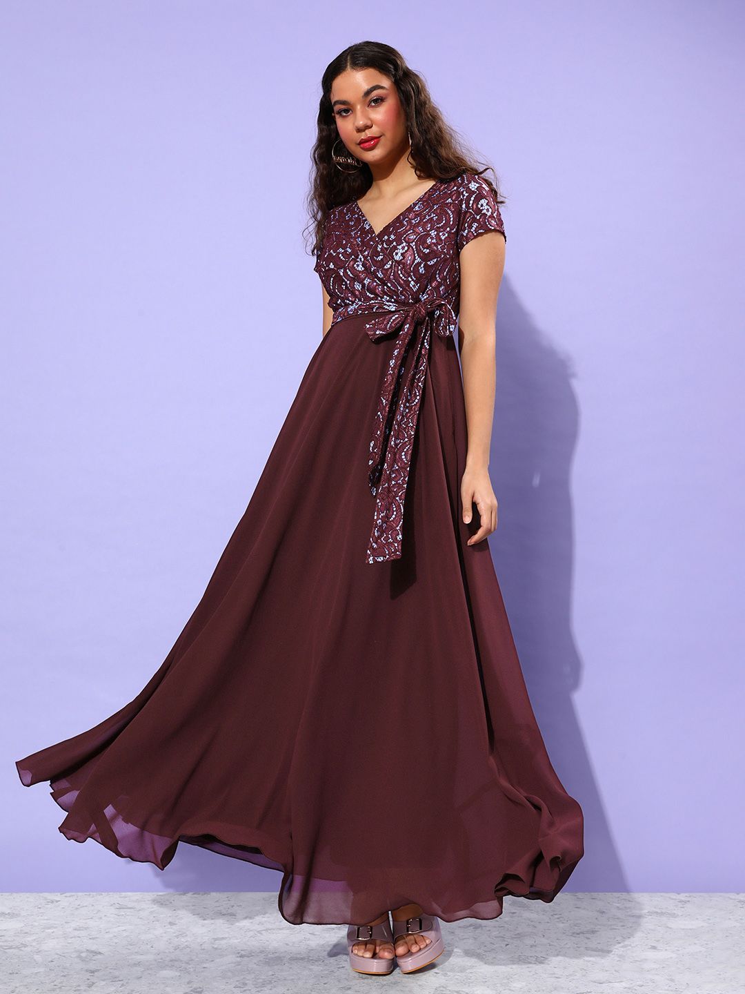 Miss Chase Maroon Georgette Maxi Dress