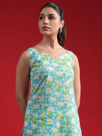 Indo Era Floral Printed Sweetheart Neck Sleeveless Cotton Straight Kurtas