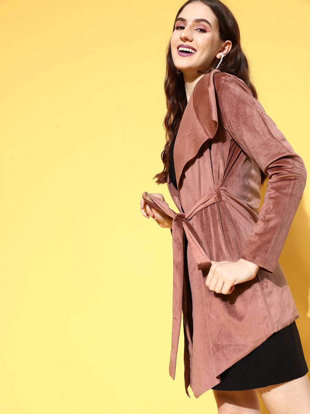 Berrylush Women Brown Solid Wrap Coat with belt
