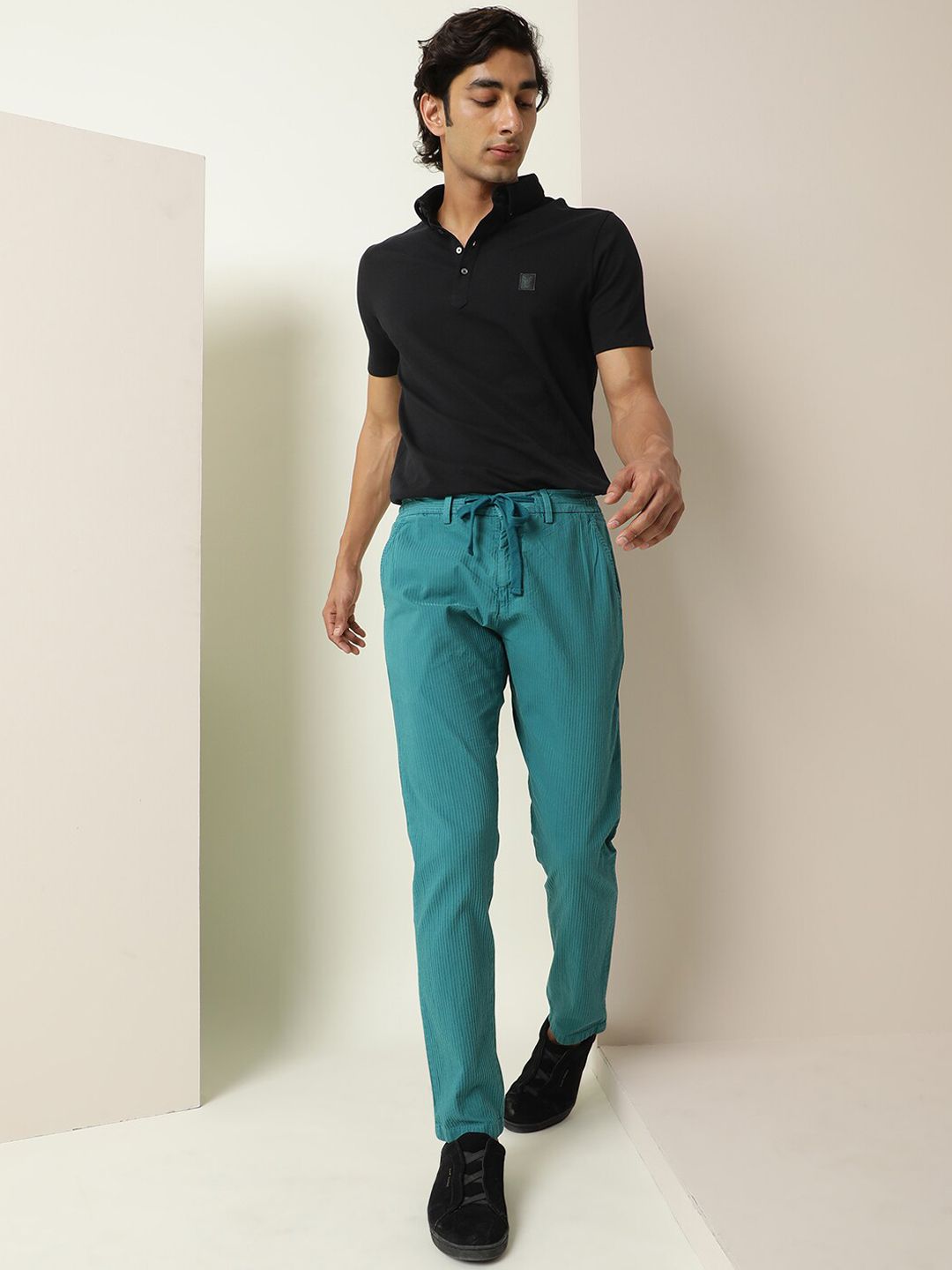 RARE RABBIT Men Slim Fit Textured Pure Cotton Trousers
