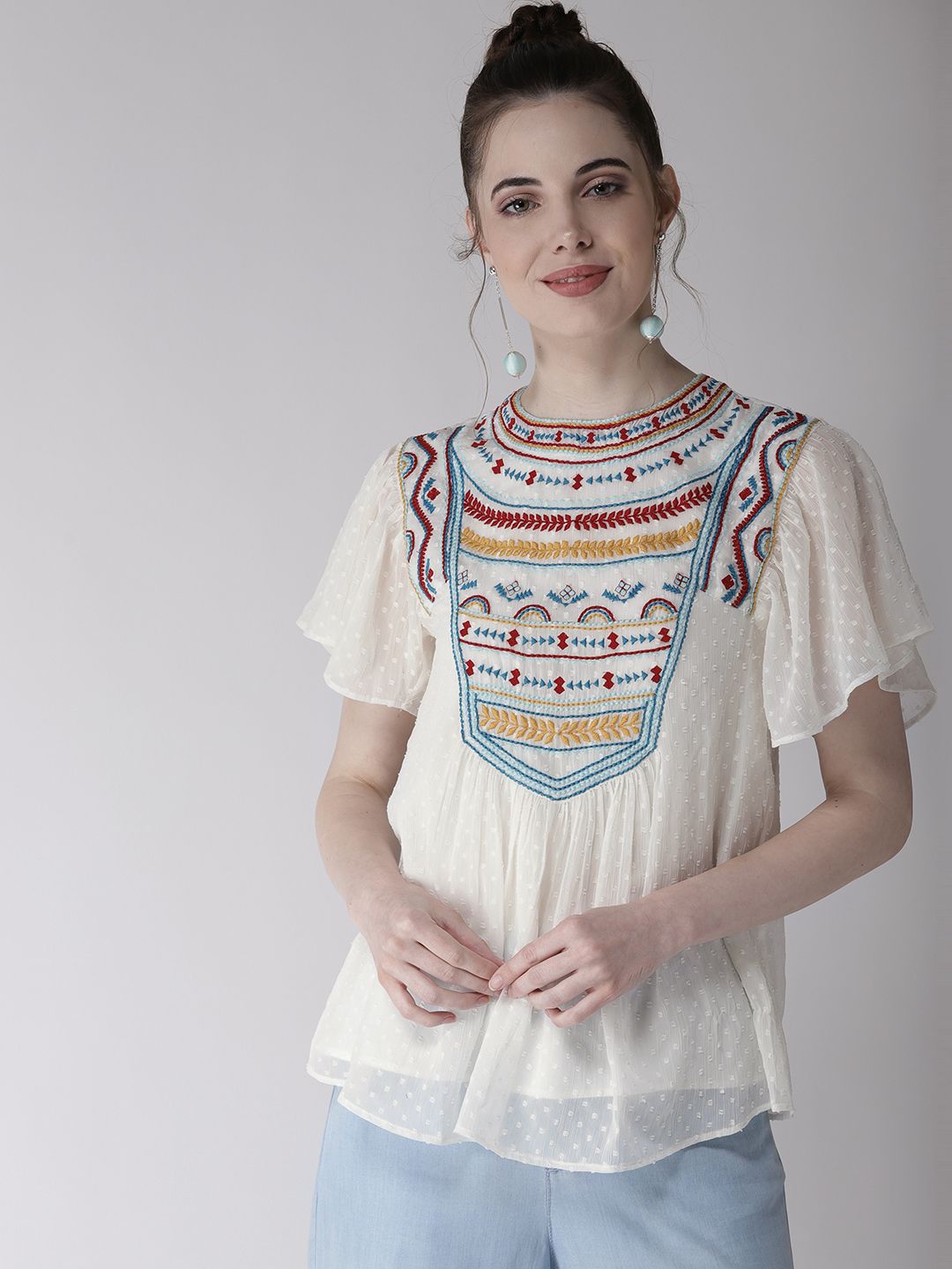Antheaa White Self Design A-Line Top