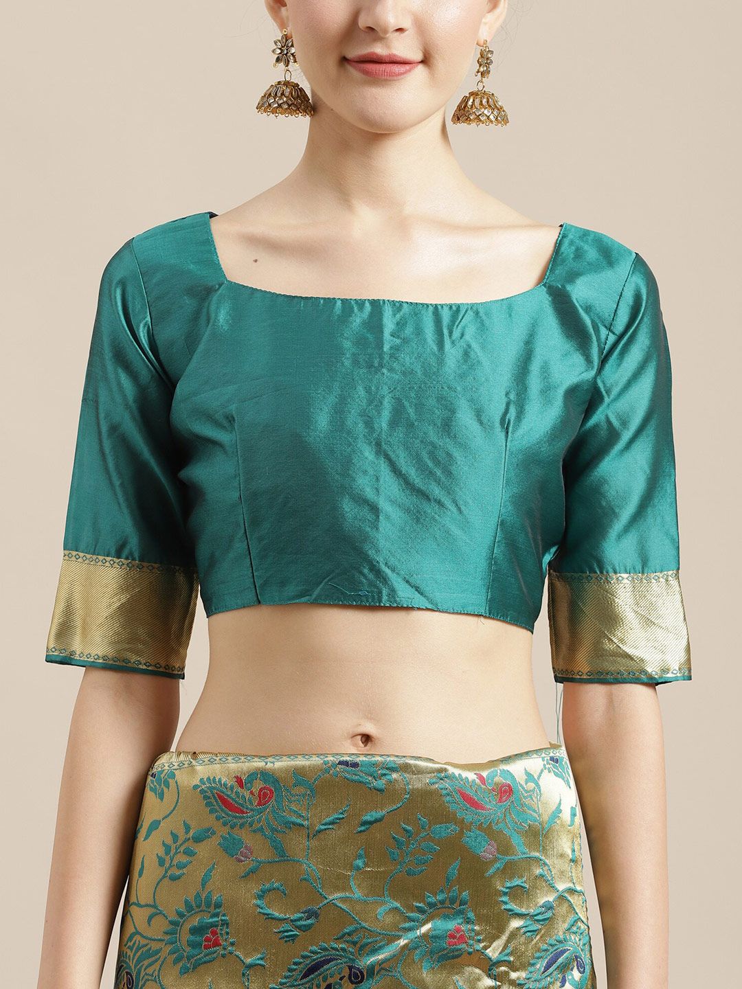 Saree mall Teal & Beige Woven Design Zari Silk Blend Heavy Work Sarees