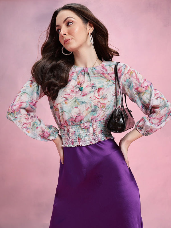 DressBerry Floral Print Smocked Detail Puff Sleeves Blouson Top