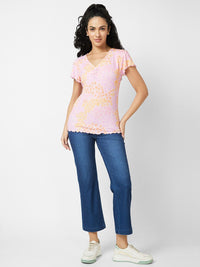 SPYKAR Floral Printed V-Neck Cotton Slim Fit T-shirt