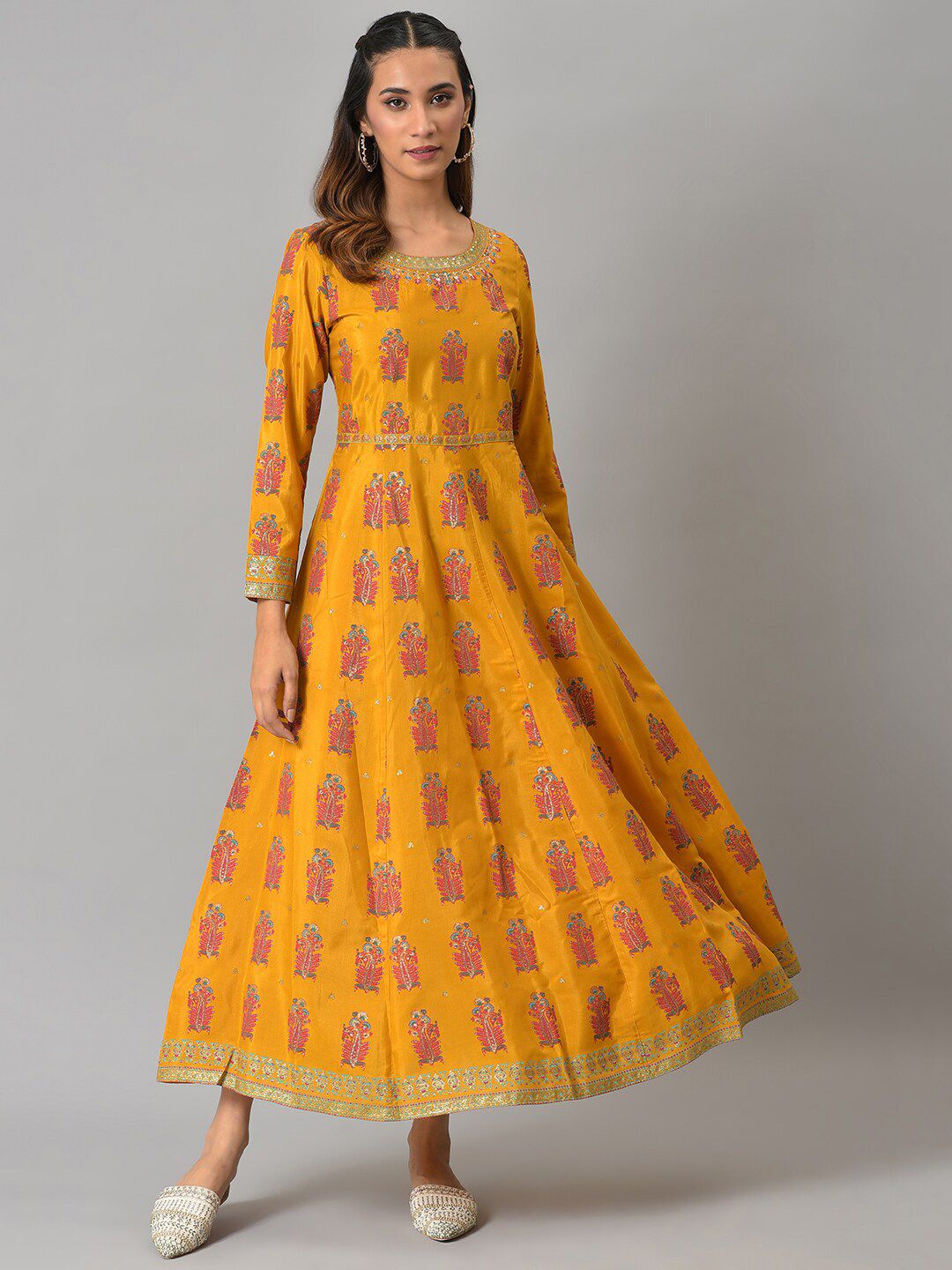 W Yellow Ethnic Motifs Printed Maxi Ethnic Dress