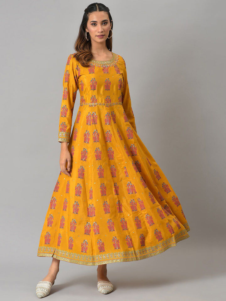 W Yellow Ethnic Motifs Printed Maxi Ethnic Dress