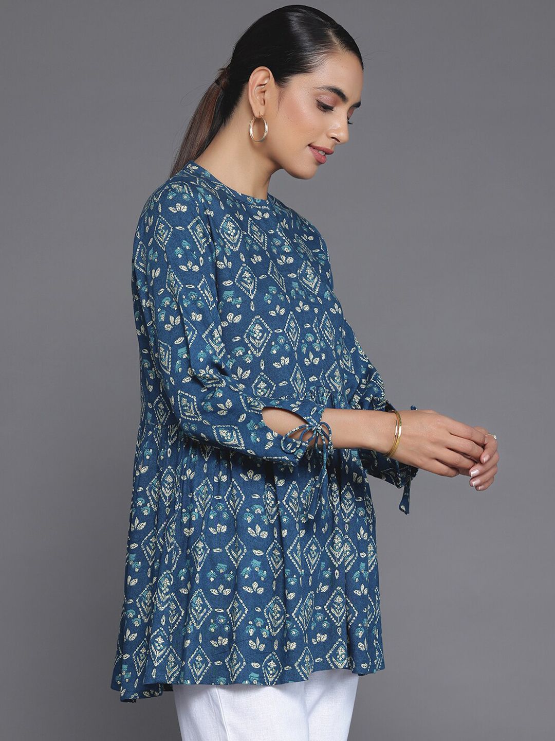 Libas Ethnic Motifs Printed Mandarin Collar Tie Up A-Line Kurti