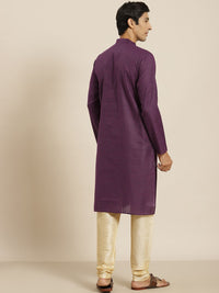 SOJANYA Lelaki Aubergine Striped Cotton Straight Kurta