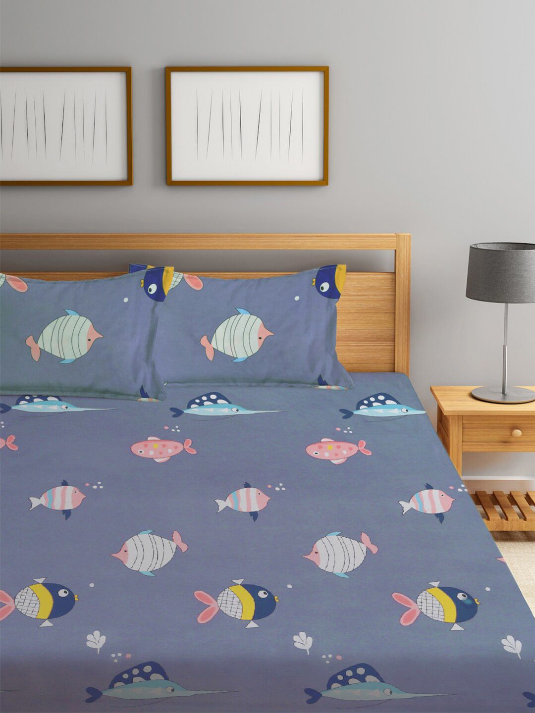 KLOTTHE Cartoon Print 300 TC Cotton Blend Double King Bed Sheet with 2 Pillow Covers