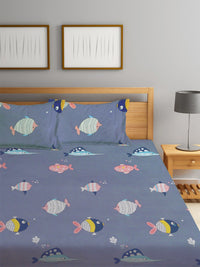 KLOTTHE Cartoon Print 300 TC Cotton Blend Double King Bed Sheet with 2 Pillow Covers
