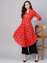 SOJANYA Kurta A-Line Bercetak Merah & Hitam