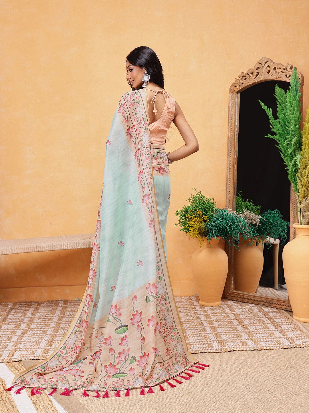 Silk Land Women Floral Print Ready To Wear Chanderi Saree