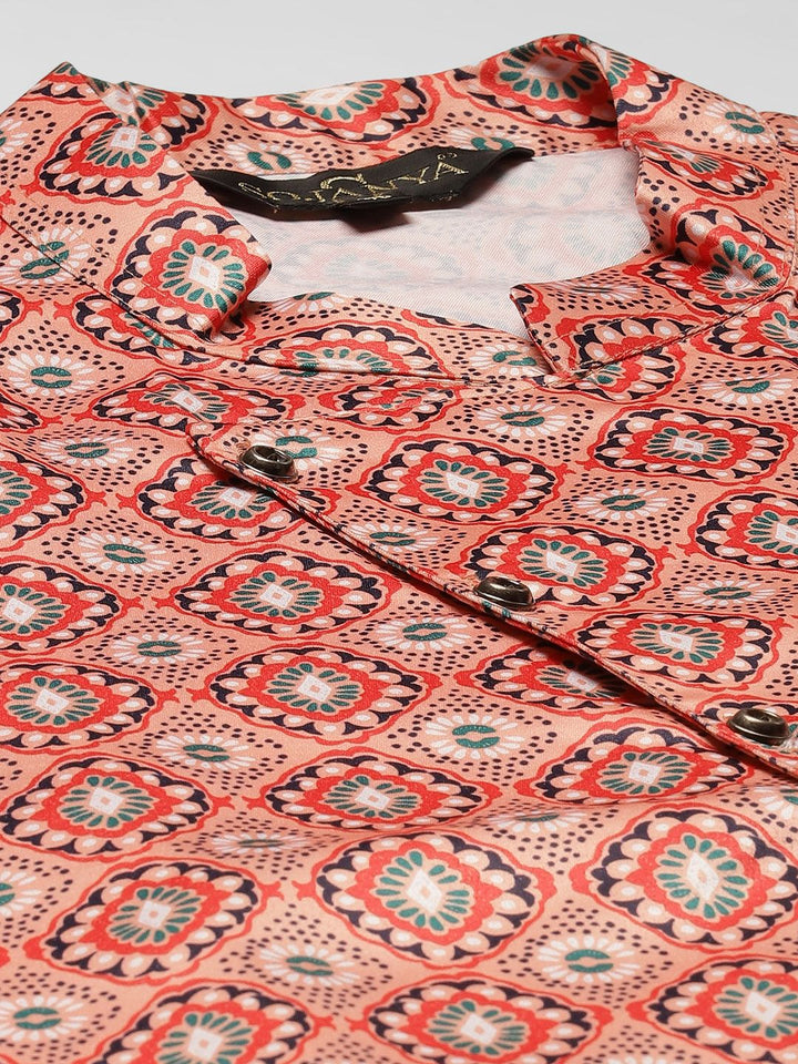SOJANYA Men Pink & Maroon Ethnic Motifs Print Kurta & Churidar with Tailored Jacket