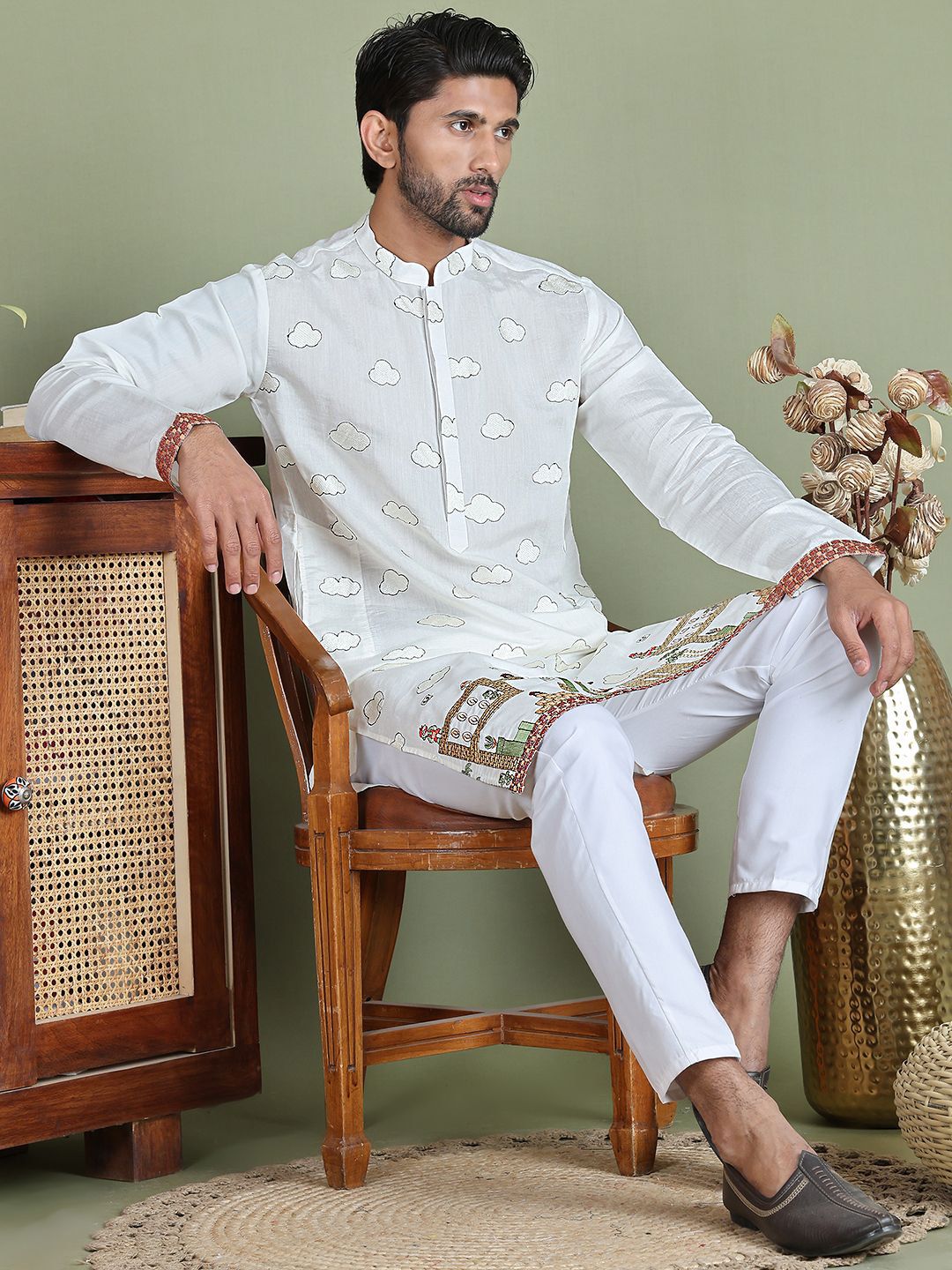 Jompers Quirky Embroidered Mandarin Collar Straight Kurta With Pyjama