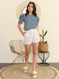 Berrylush Floral Print Round Neck Short Puff Sleeves Top