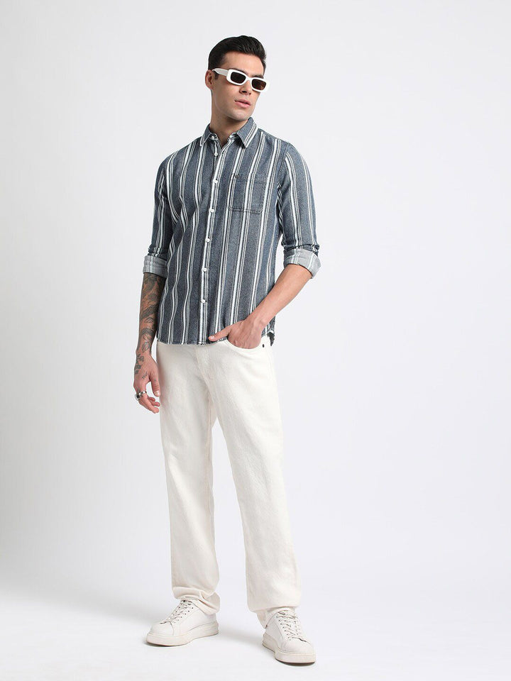 THE BEAR HOUSE Slim Fit Striped Twill Pure Cotton Casual Shirt