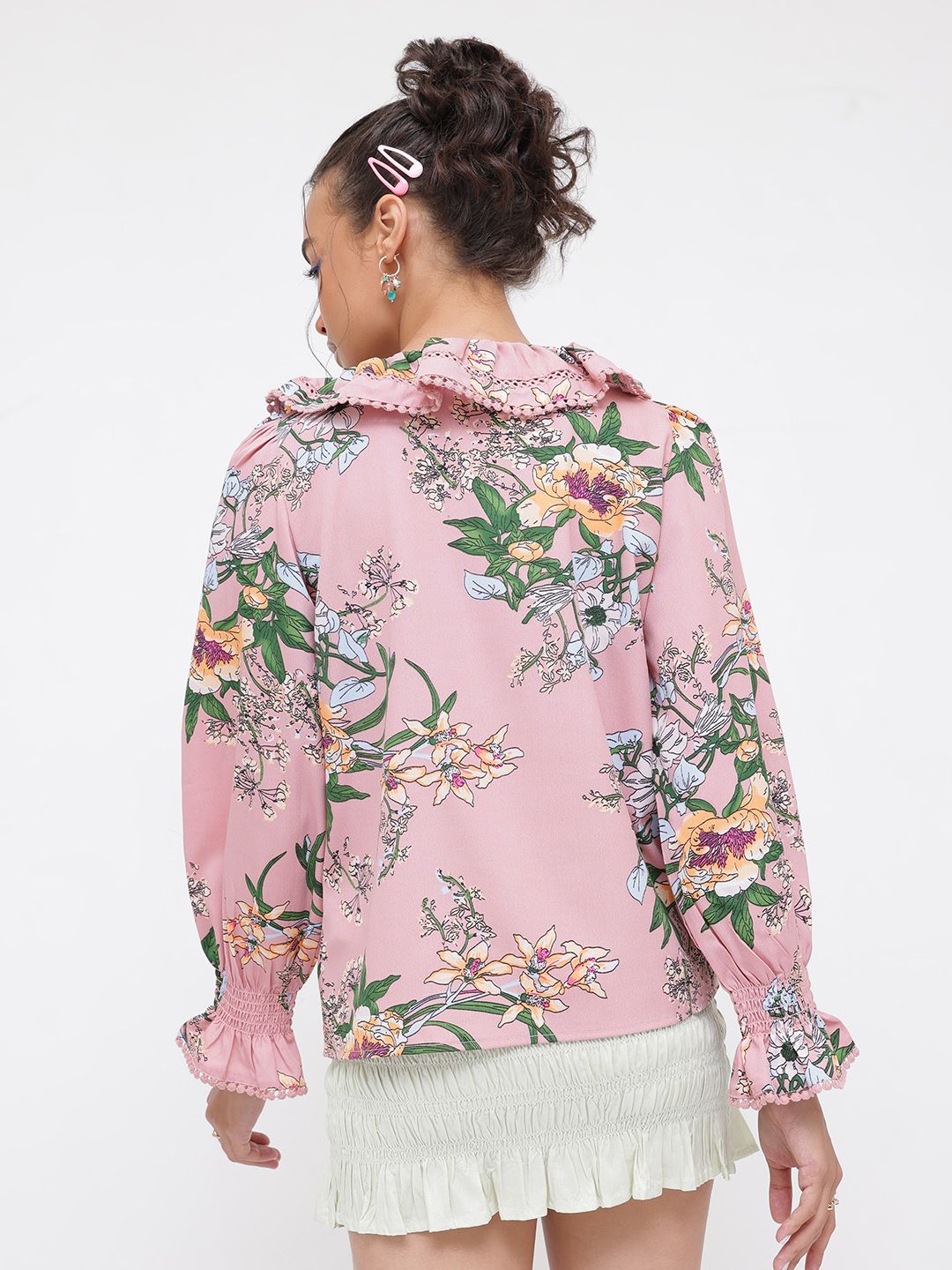 DressBerry Floral Trope Bishop Sleeve Shirt Style Top