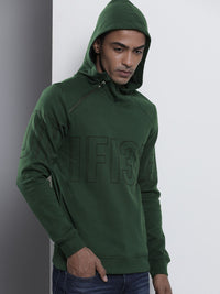 The Indian Garage Co Men Olive Green & Black Typography Print Hooded Sweatshirt