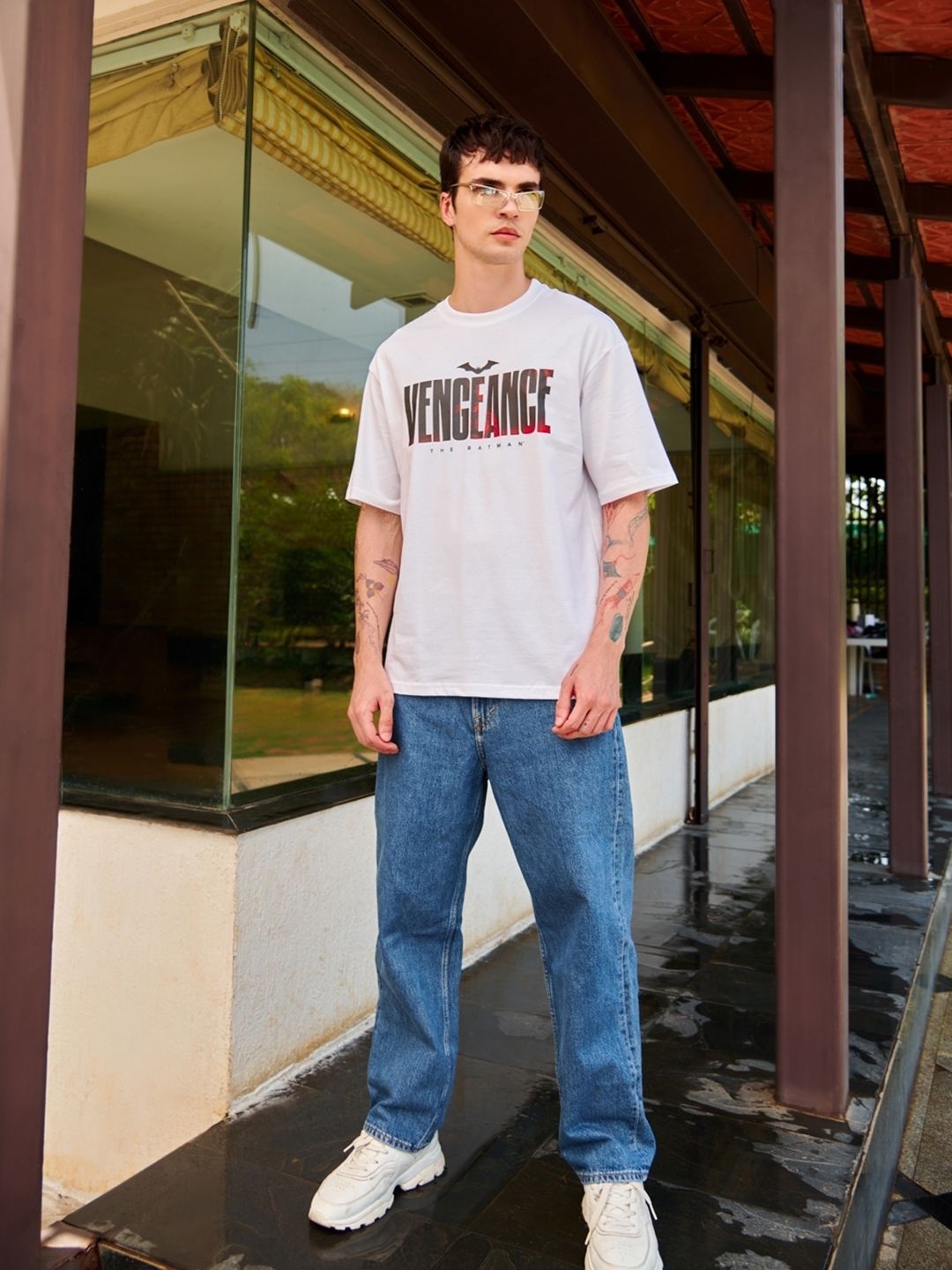 Bewakoof Men White Typography Printed Oversized T-shirt