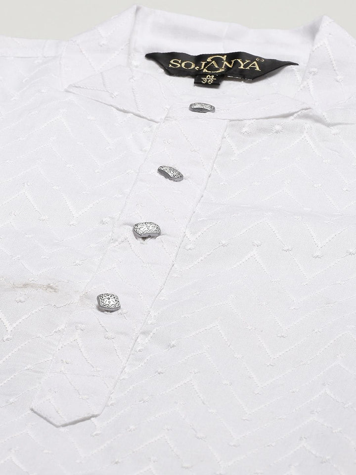 SOJANYA Men White Chikankari Pure Cotton Kurta with Churidar & Nehru Jacket