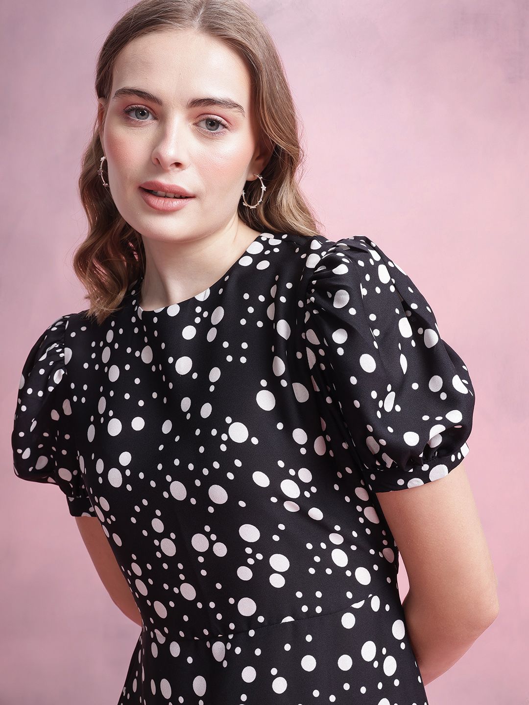 DressBerry Printed Puff Sleeve A-Line Midi Dress