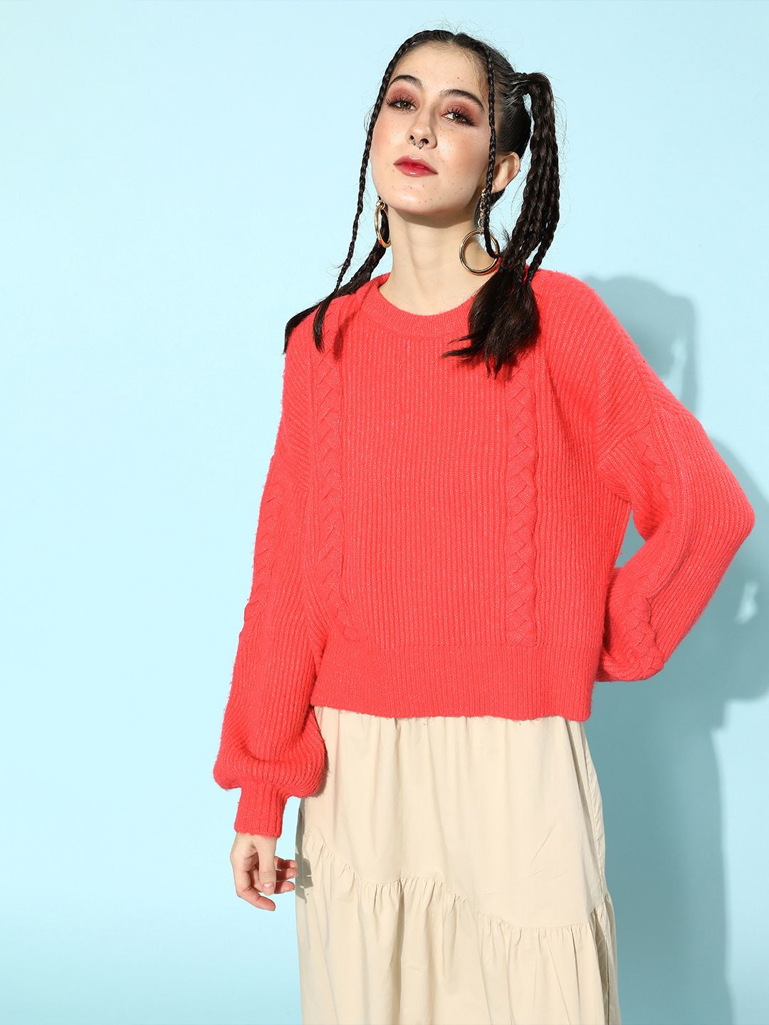 STREET 9 Women Coral Orange Acrylic Pullover