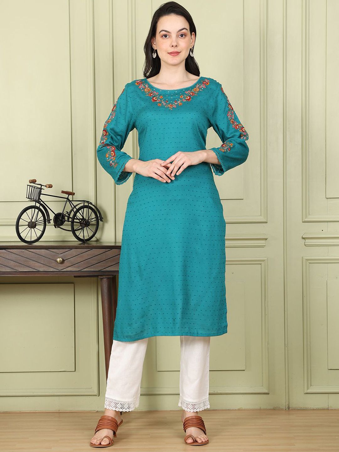 W Women Striped Flared Sleeves Sequinned Kurta