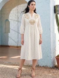 Mamicha Embroidered Puff Sleeve A-Line Midi Dress