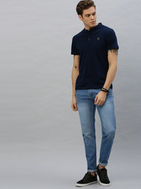 Urbano Fashion Men Navy Blue Solid Mandarin Collar Pure Cotton T-shirt