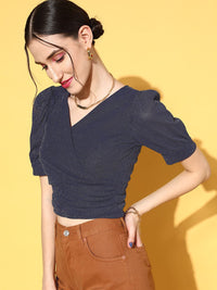 Antheaa Women Stunning Navy Blue Solid Volume Play Top