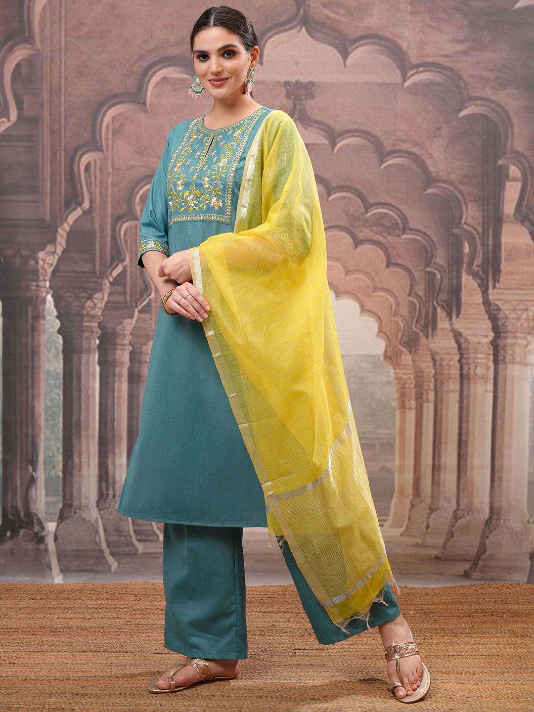 Vishudh Turquoise Blue Embroidered Straight Kurta with Palazzo & Dupatta