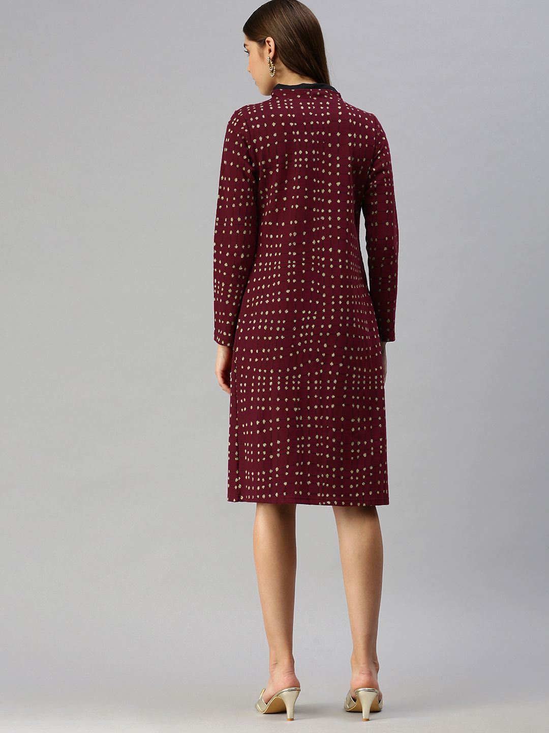 Global Desi Maroon & Gold-Toned Checked Shawl Collar Regular Sleeves Jacket Jumper Dress