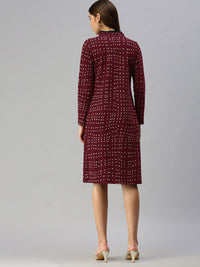 Global Desi Maroon & Gold-Toned Checked Shawl Collar Regular Sleeves Jacket Jumper Dress