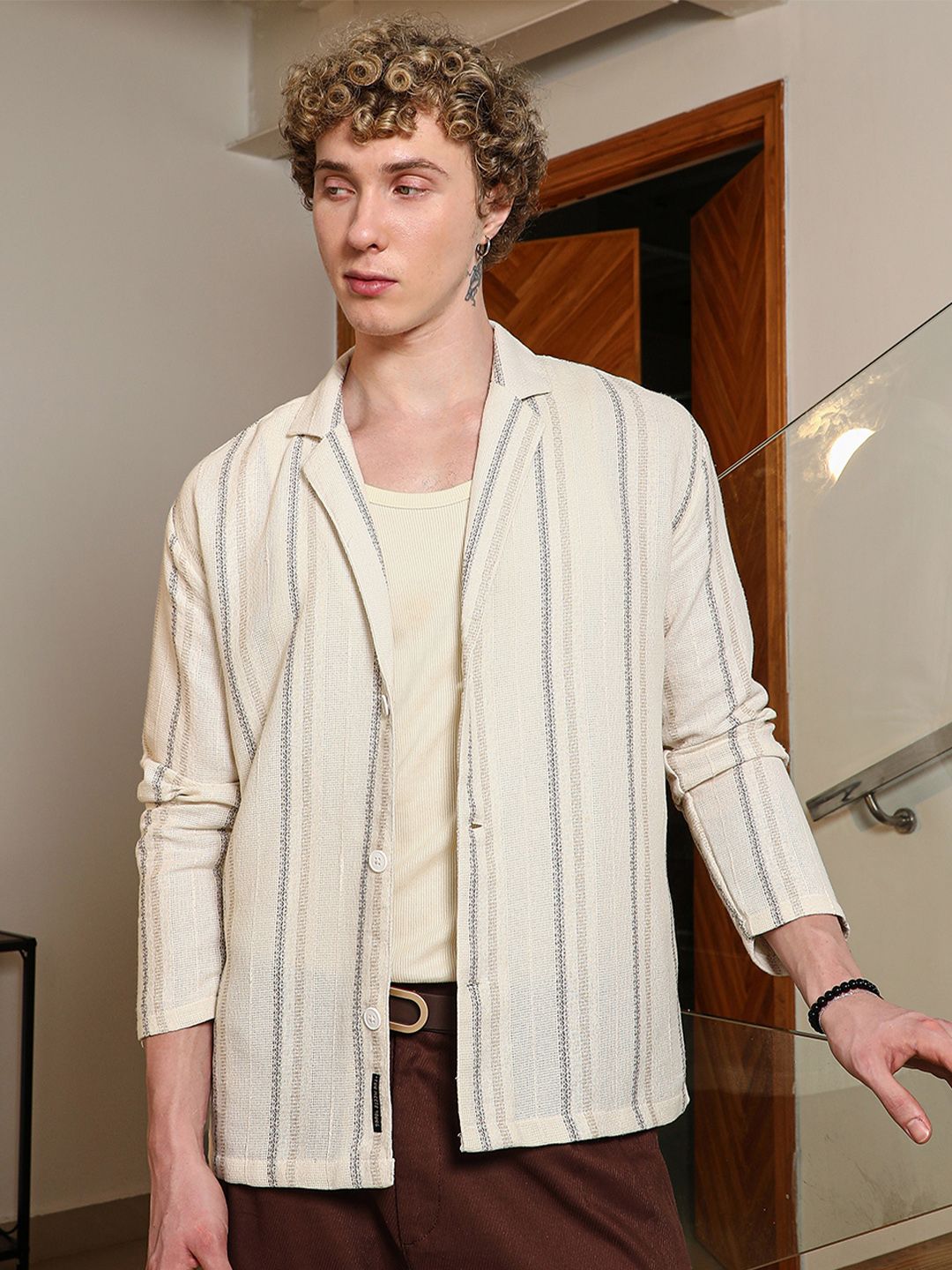 Campus Sutra Comfort Multi Stripes Cuban Collar Cotton Casual Shirt