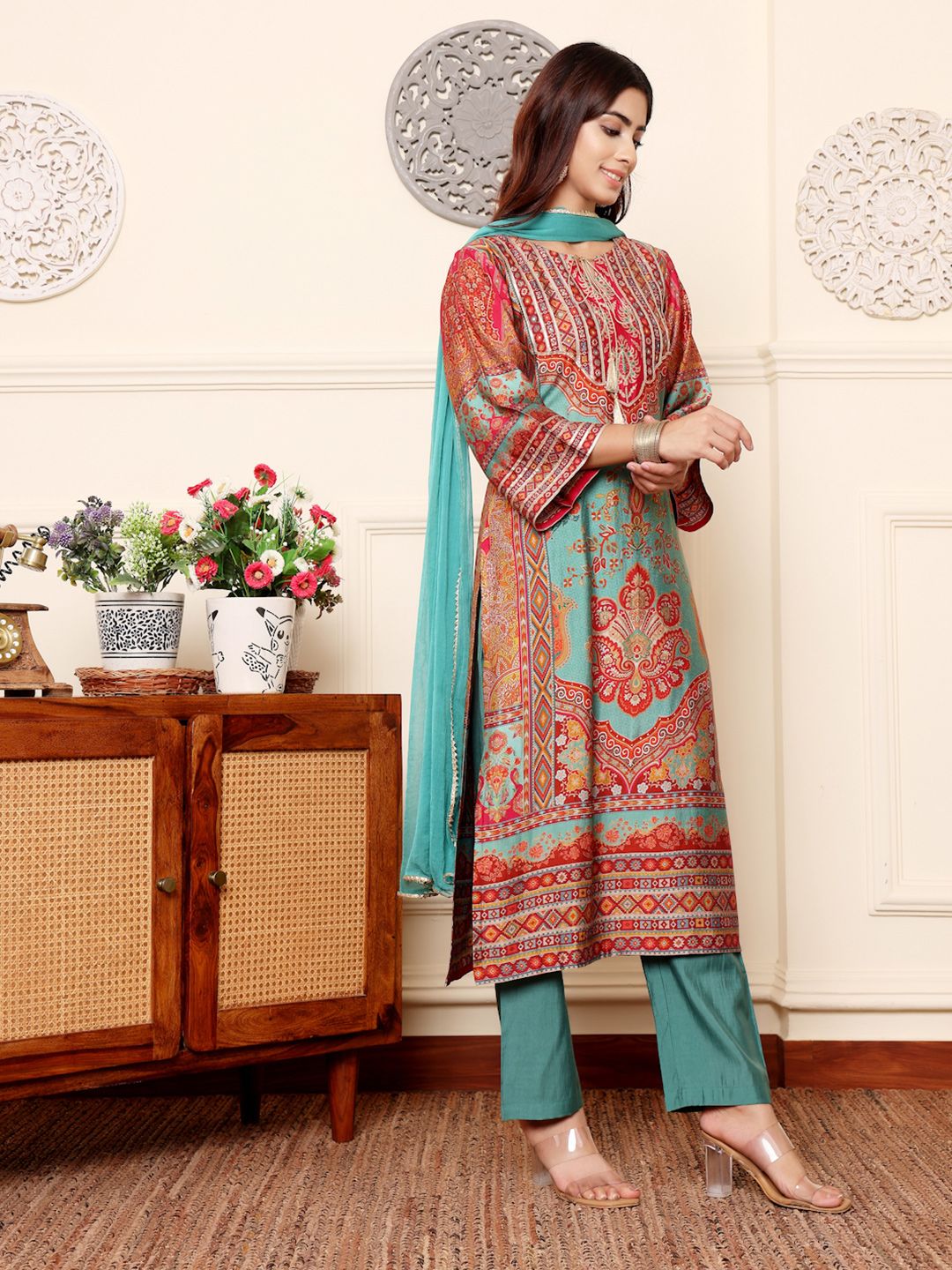 Varanga Ethnic Motifs Printed Chanderi Silk Kurta With Trousers And Dupatta