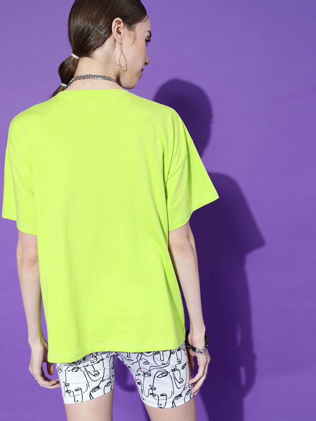 STREET 9 Women Lime Green Typography Printed Extended Sleeves Oversized Pure Cotton T-shirt