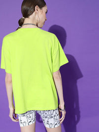 STREET 9 Women Lime Green Typography Printed Extended Sleeves Oversized Pure Cotton T-shirt