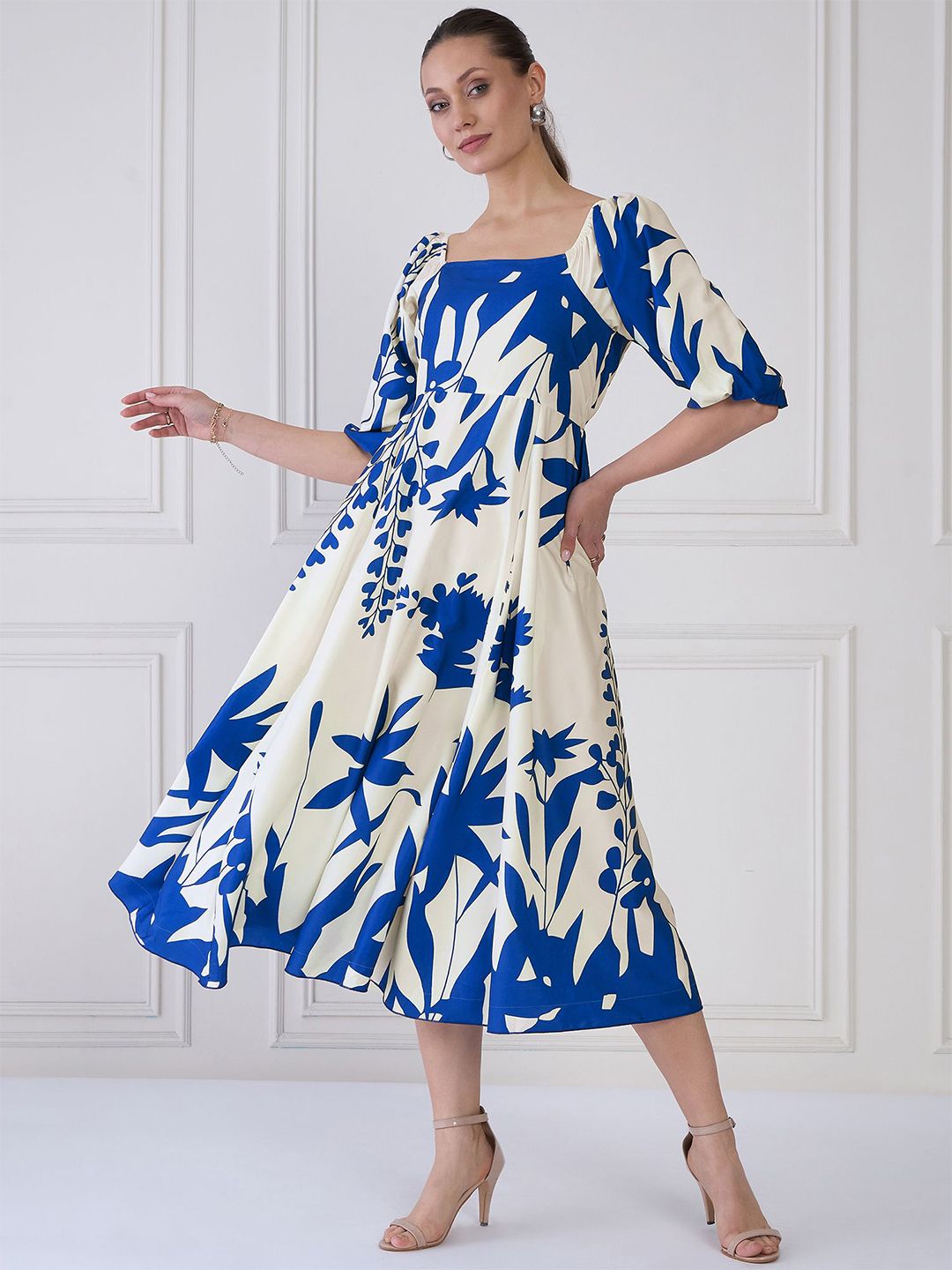 Antheaa Tie and Dye Print Puff Sleeve Crepe A-Line Midi Dress