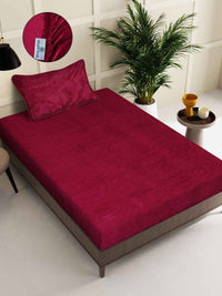 KLOTTHE Red Woollen 300 TC Fitted Single Bedsheet With Pillow Cover
