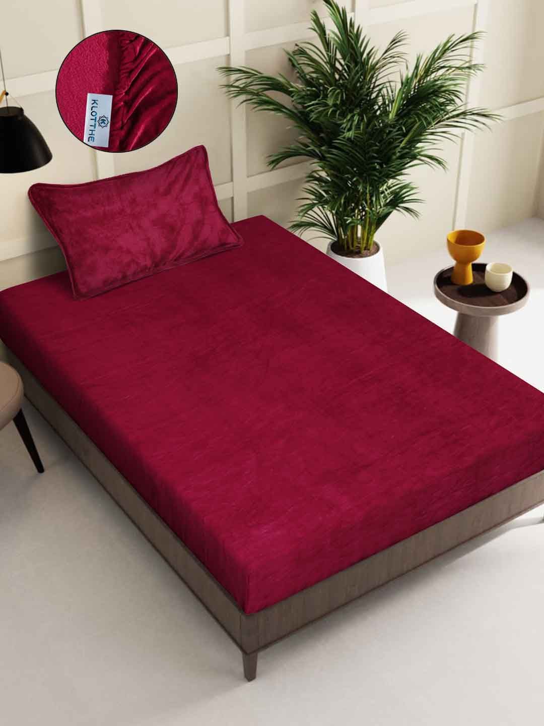 KLOTTHE Red Solid Fitted 300 TC Woolen Single Bedsheet with 1 Pillow Cover