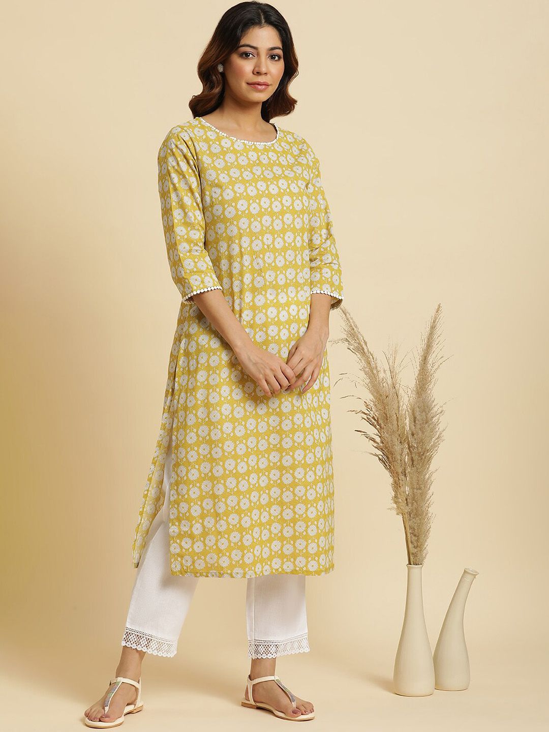 W Plain Straight Fit Mid Rise Cotton Parallel Trousers
