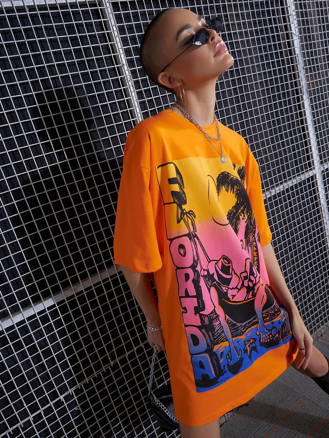 SASSAFRAS Orange Graphic Printed Drop Shoulder Pure Cotton Oversized T-Shirt Dress